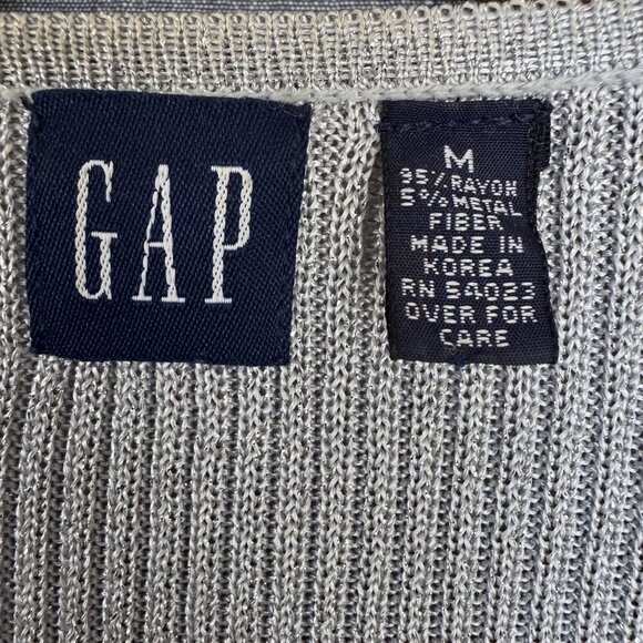 90s Vintage Gap Silver Metallic V Neck Button Up Ribbed Knit Cardigan Size M - Picture 12 of 14